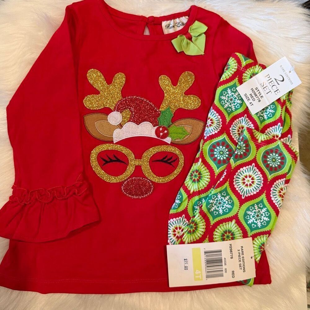 Rare Editions Toddler Girls Reindeer 2-pc Top & Leggings Set 4T NWT